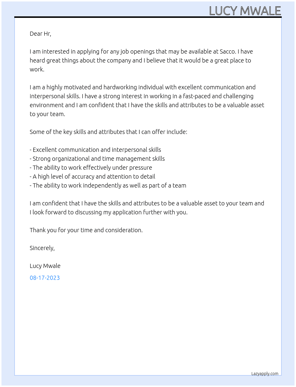 Any job openings At Sacco Cover Letter