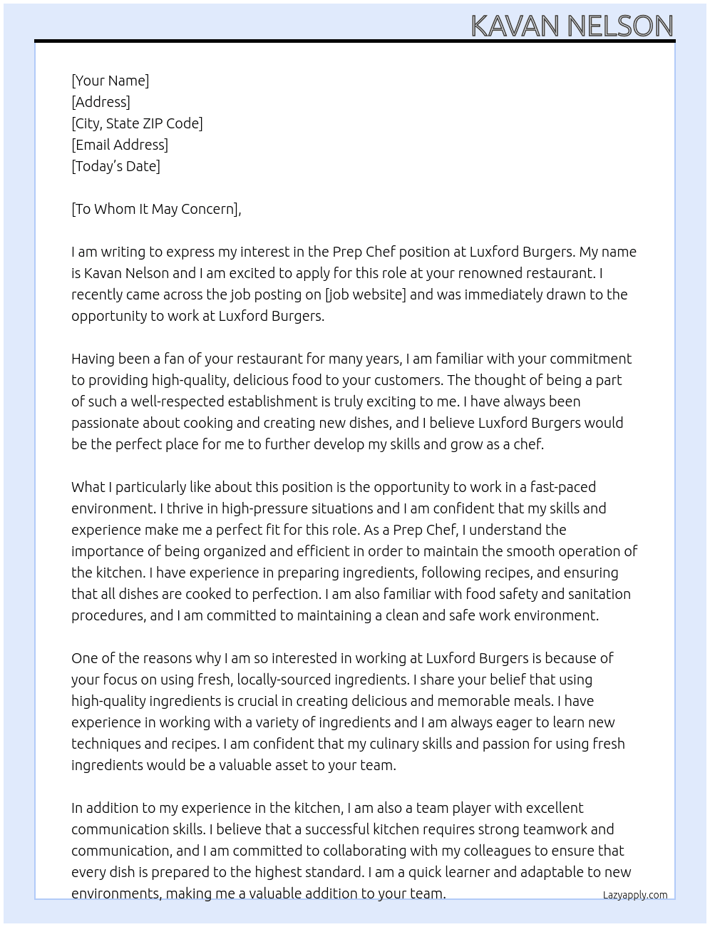 Prep Chef At Luxford Burgers Cover Letter