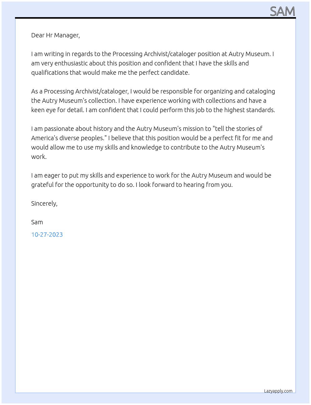 Processing Archivist/cataloger At Autry Museum  Cover Letter