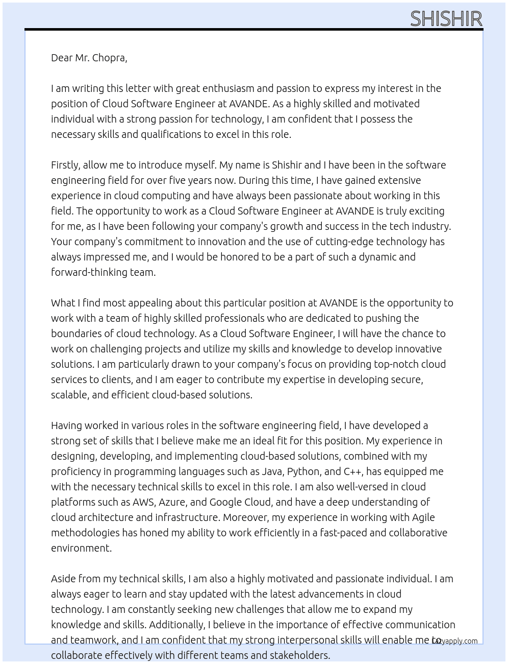 CLOUD SOFTWARE ENGINEER At AVANDE Cover Letter