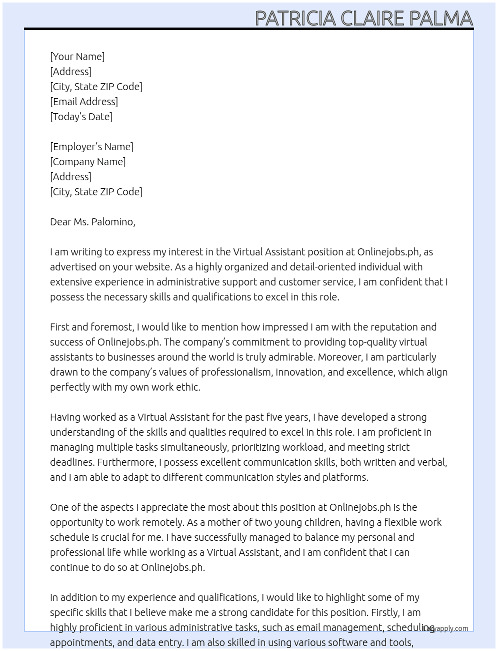 Virtual Assistant At Onlinejobs.ph Cover Letter