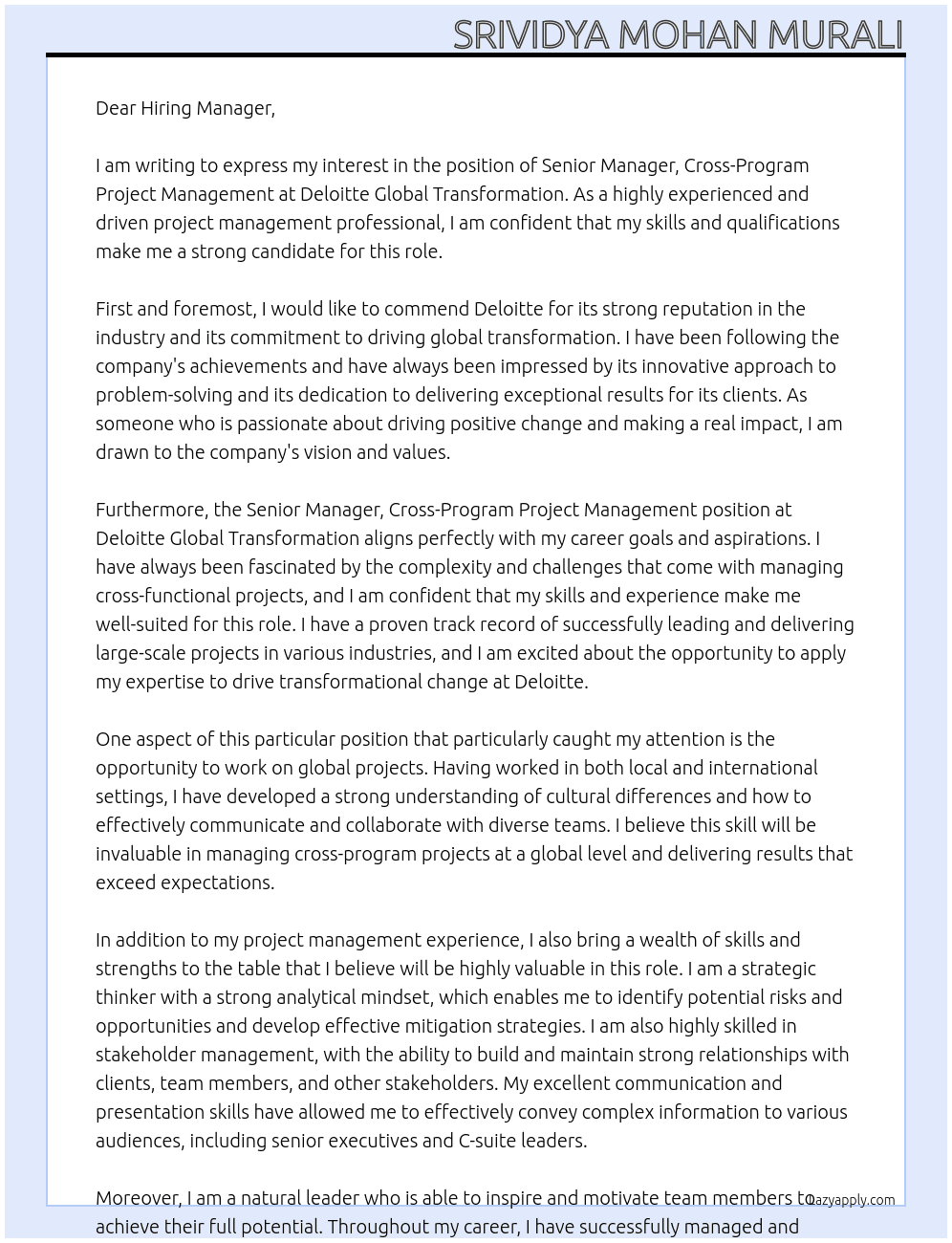 Cover letter for senior manager, cross-program project management, deloitte global transformation - LazyApply