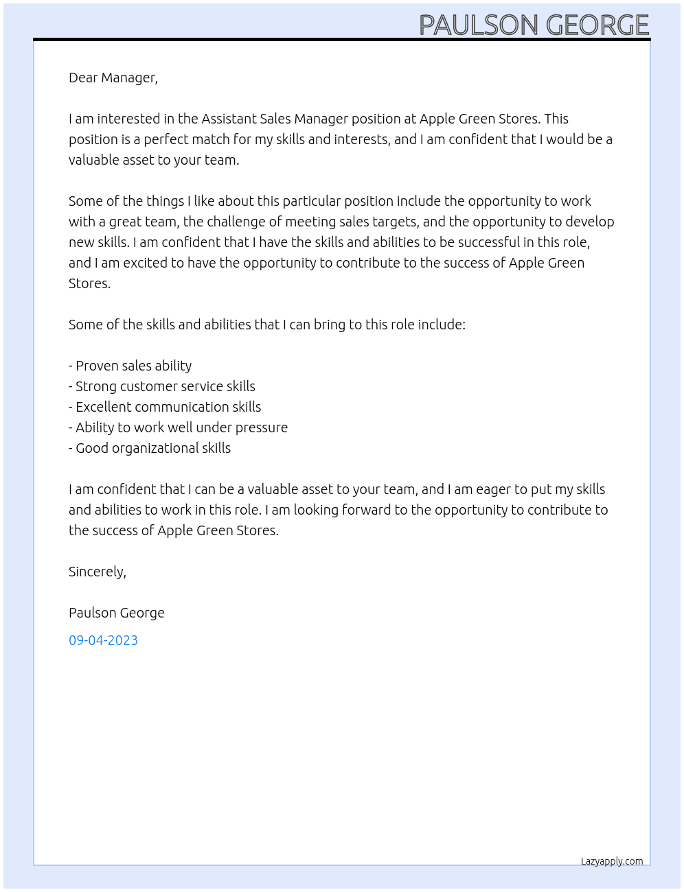 Assistant Sales Manager At Apple Green Stores Cover Letter