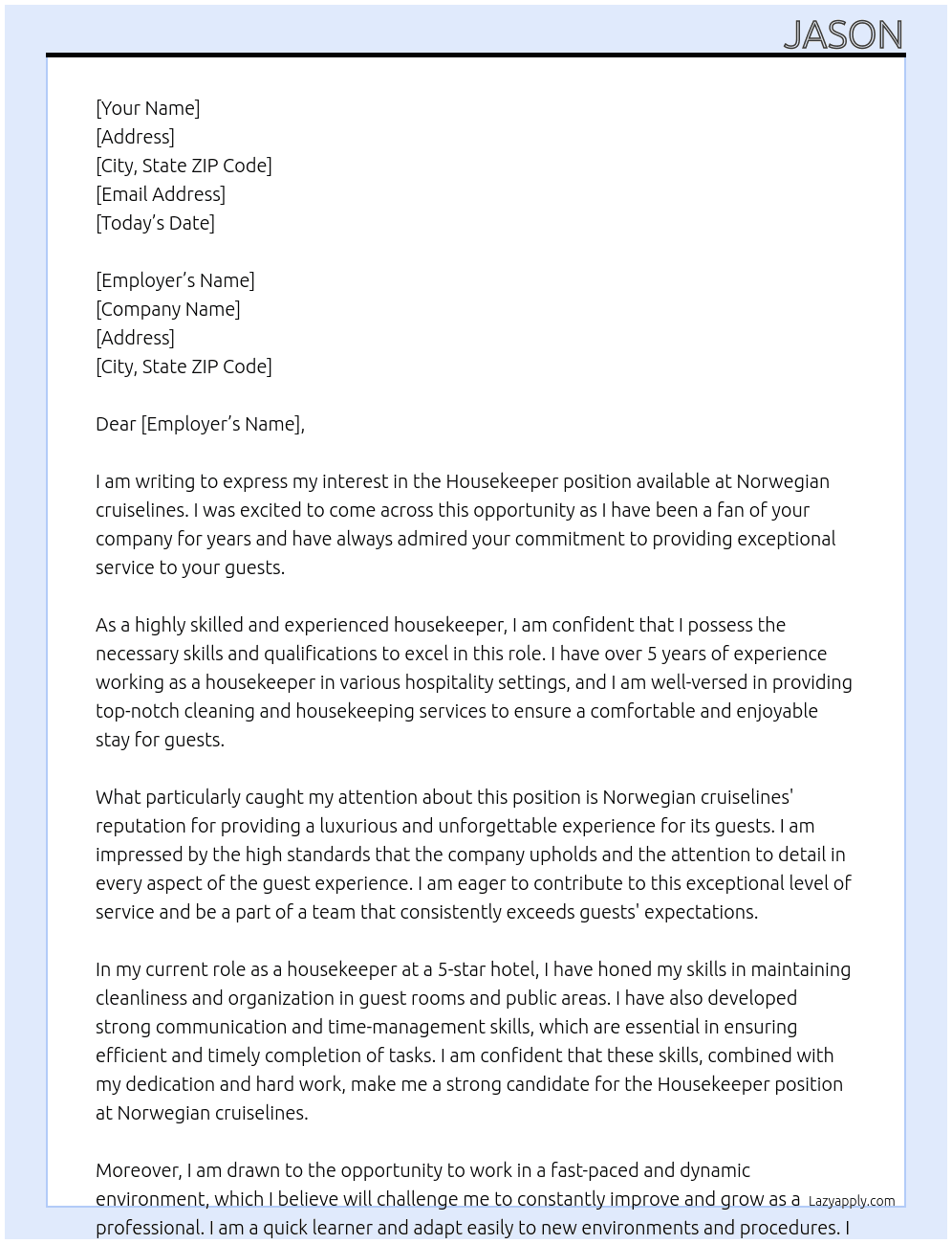 housekeeper At Norwegian cruiselines Cover Letter