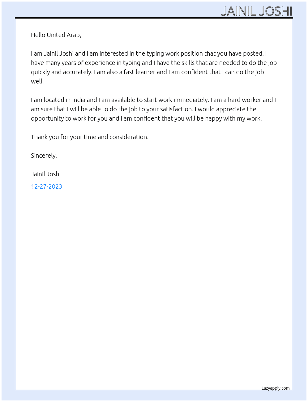 Typing work At United arab Cover Letter