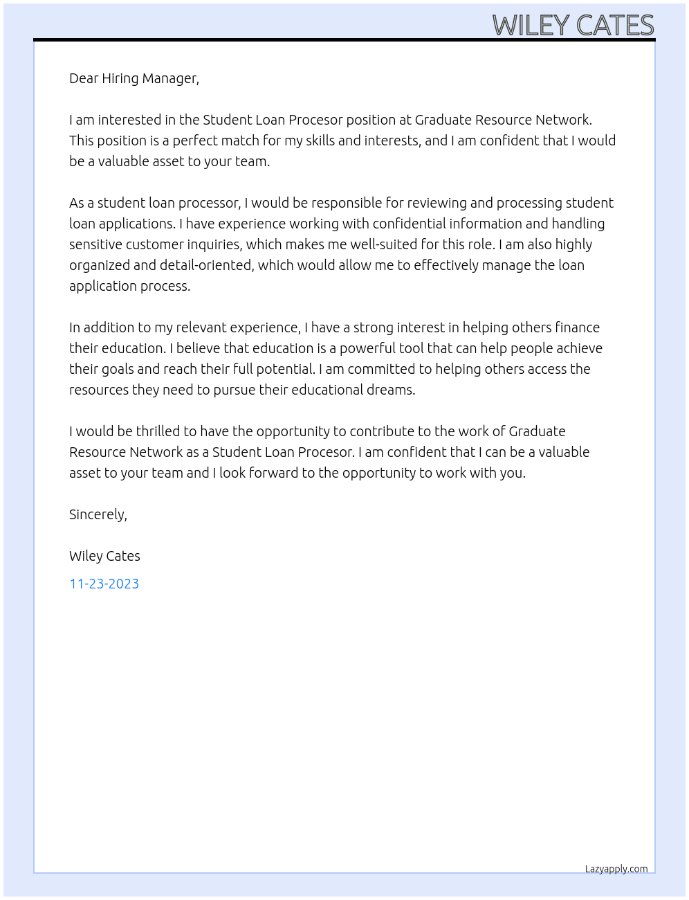 Student Loan Procesor  At Graduate Resource Network Cover Letter