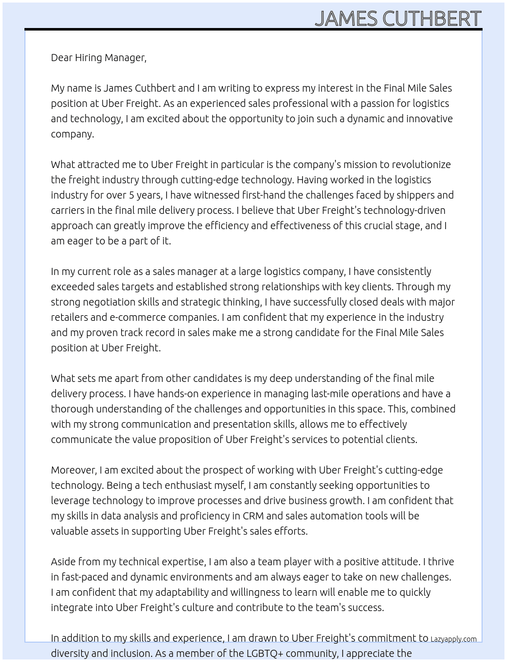 Final Mile Sales At Uber Freight Cover Letter