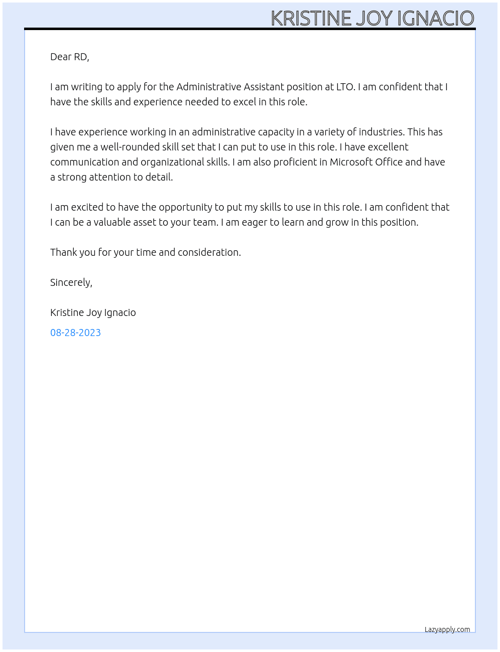 Administrative Assistant At LTO Cover Letter