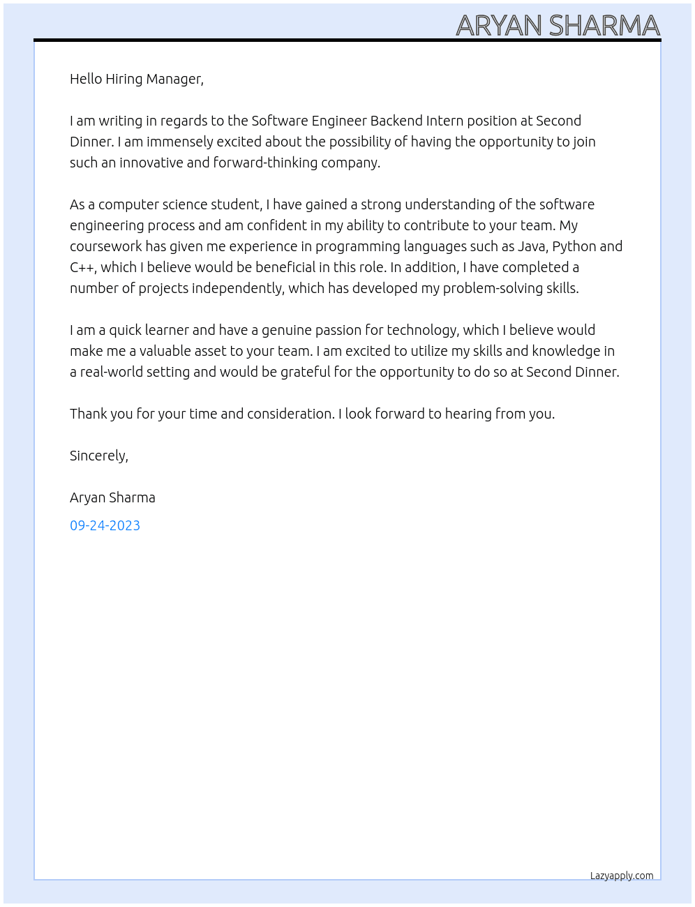 Software Engineer Backend Intern At Second dinner Cover Letter