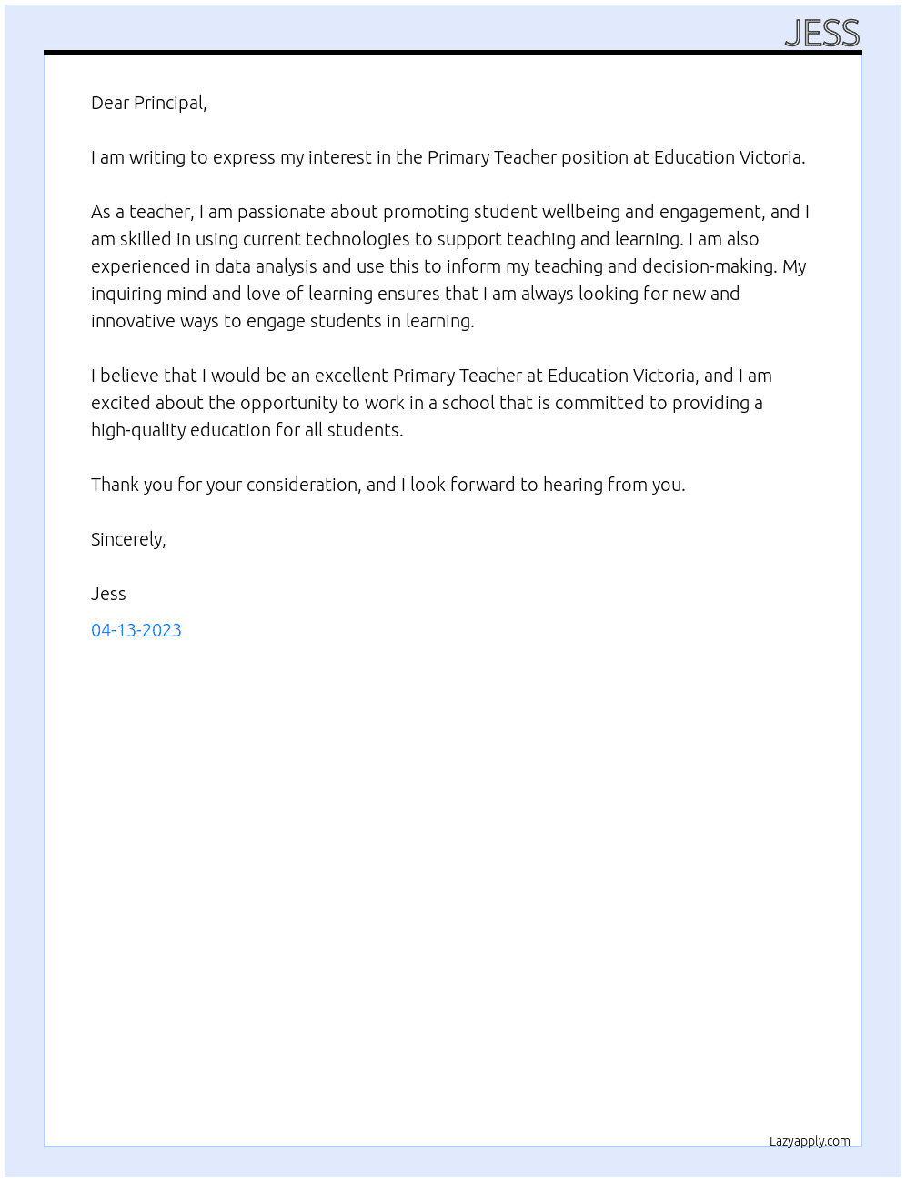Primary Teacher At Education Victoria Cover Letter
