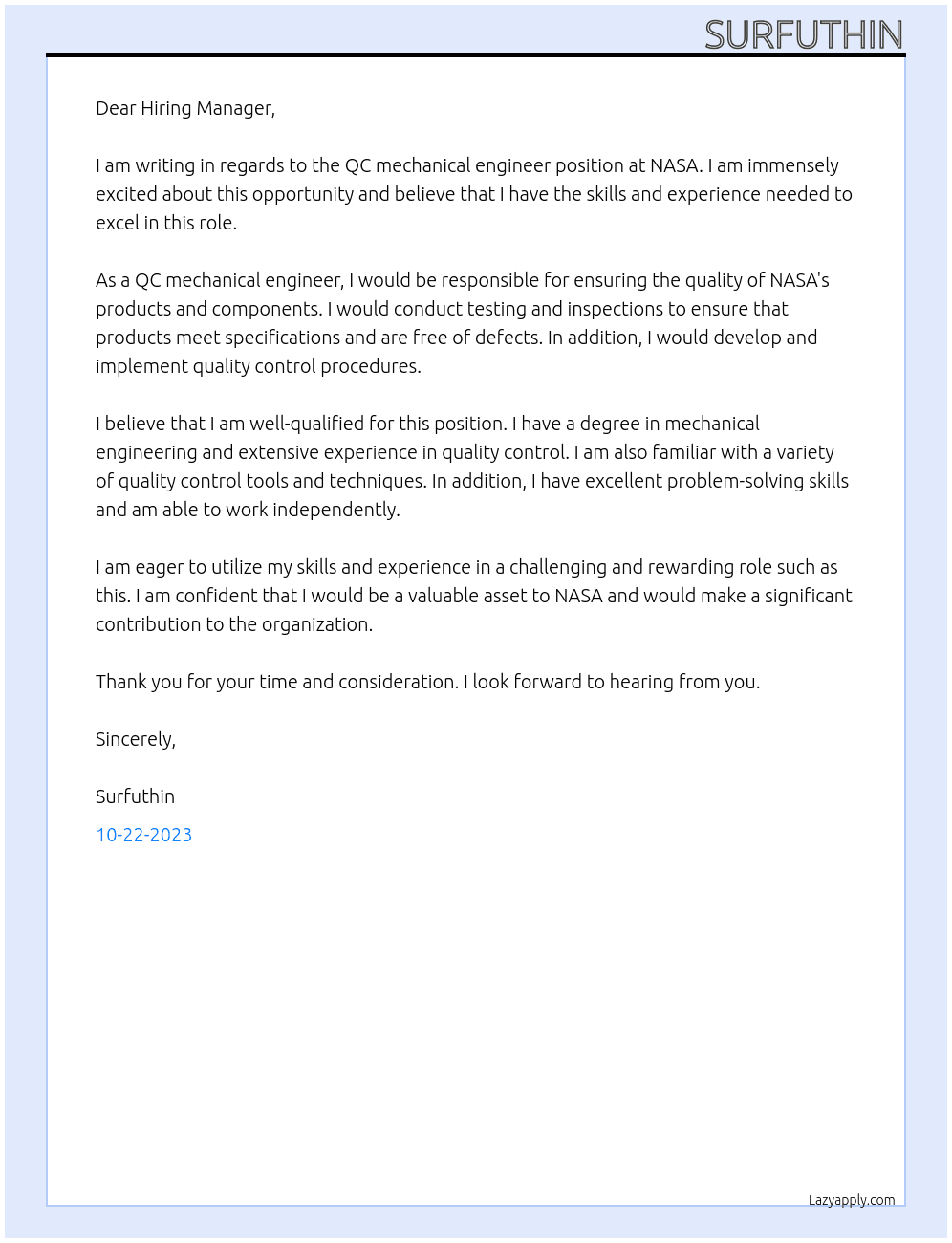Qc mechanical engineer  At Nasa Cover Letter