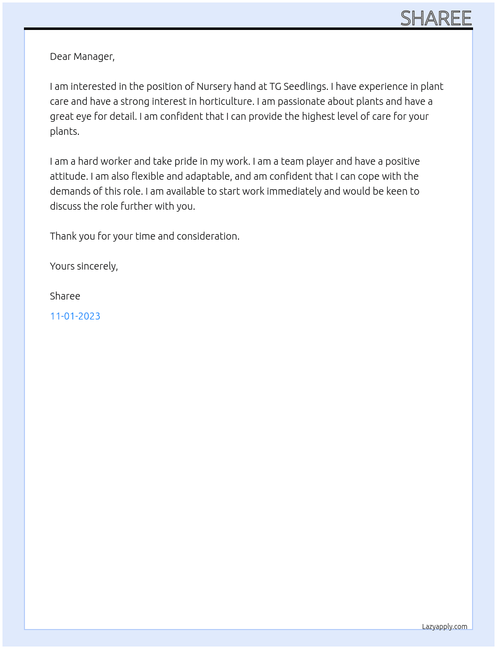Nursery hand  At TG Seedlings Cover Letter