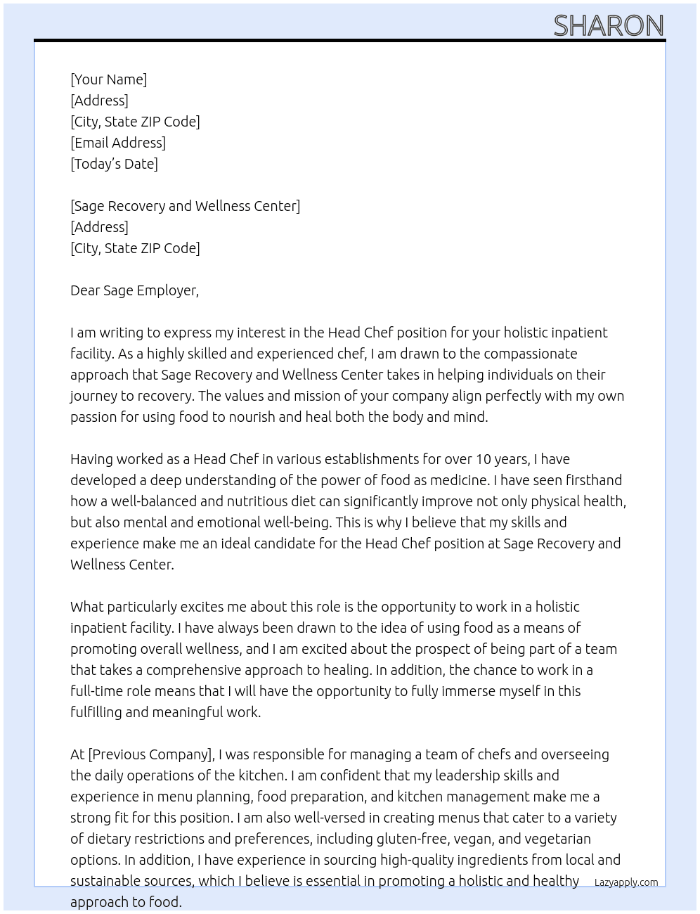 Head Chef for holistic inpatient facility At Sage Recovery and Wellness Center Cover Letter