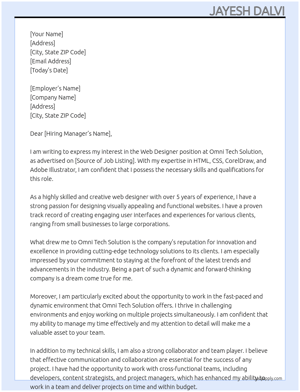 Web Designer  At Omni Tech Solution Cover Letter