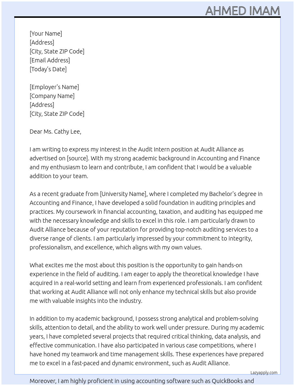 Audit intern At Audit Alliance Cover Letter