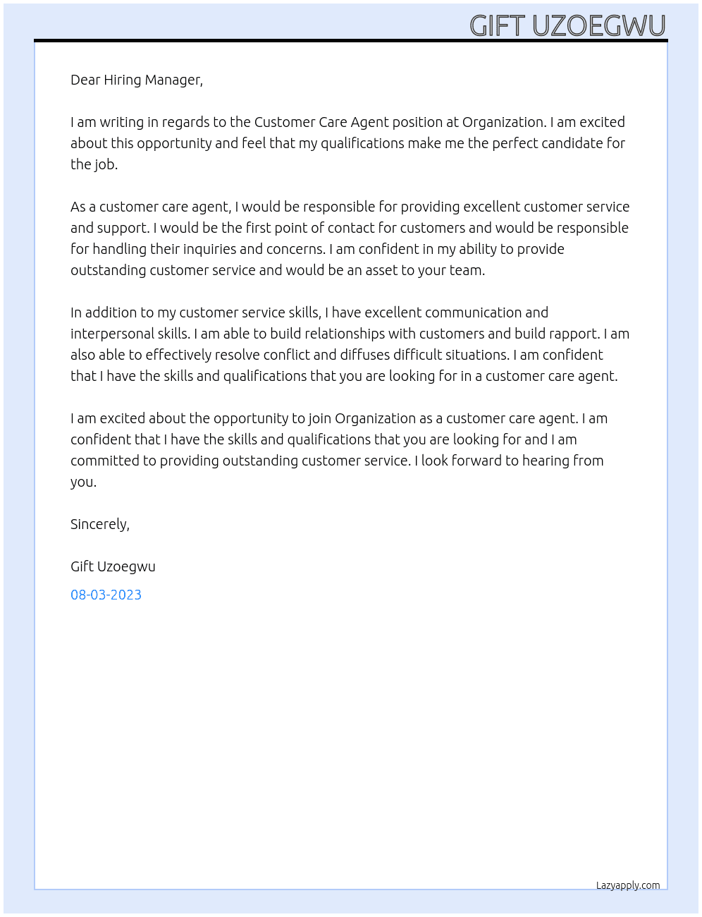 Customer Care Agent  At Organization  Cover Letter