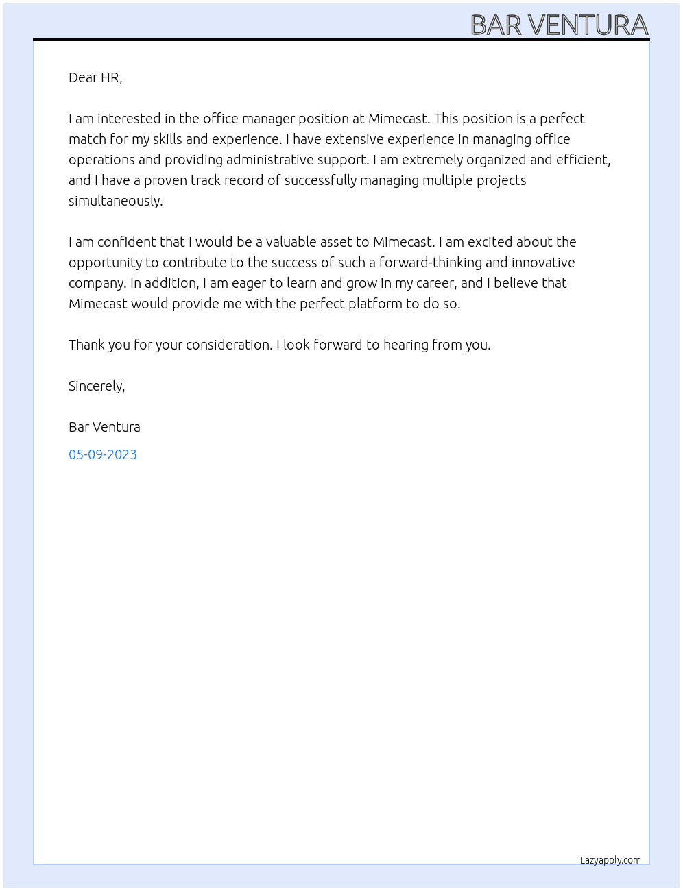office manager At mimecast Cover Letter