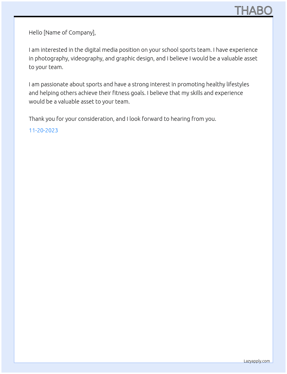 digital media At school sports team Cover Letter