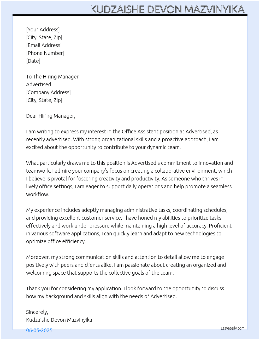 Office Assistant  At Advertised Cover Letter