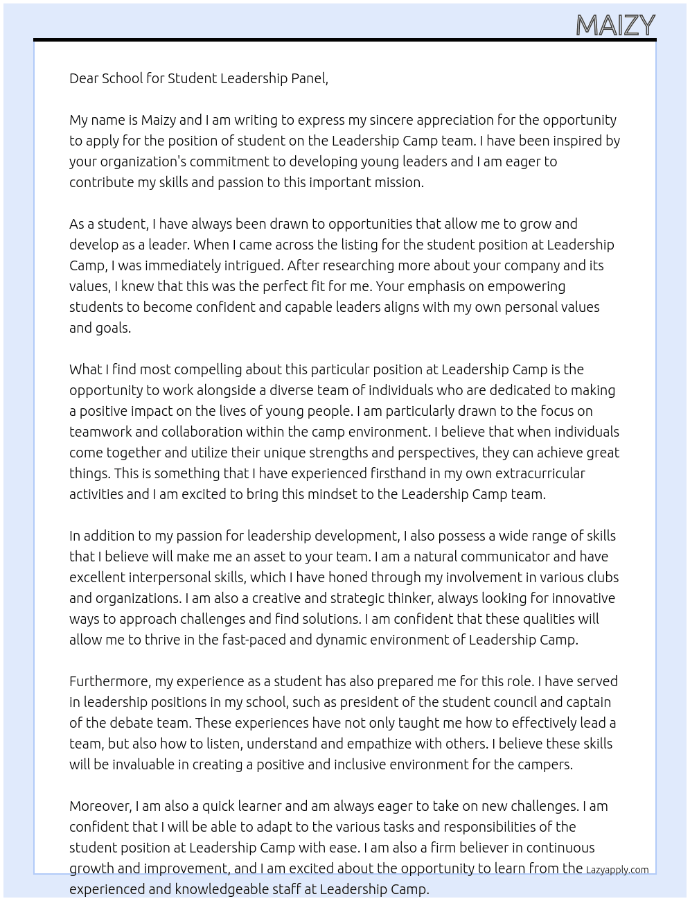 student At Leadership Camp Cover Letter