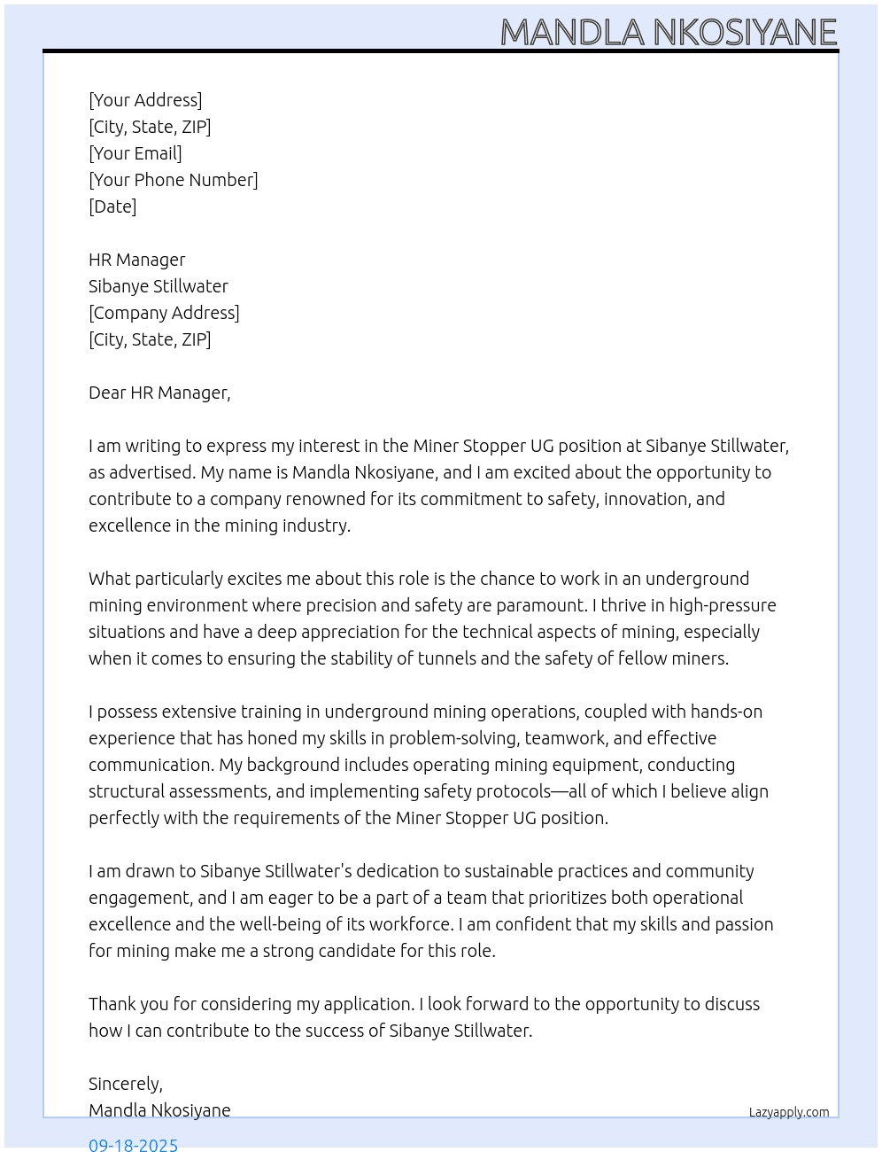 Cover letter for miner stopper ug - LazyApply