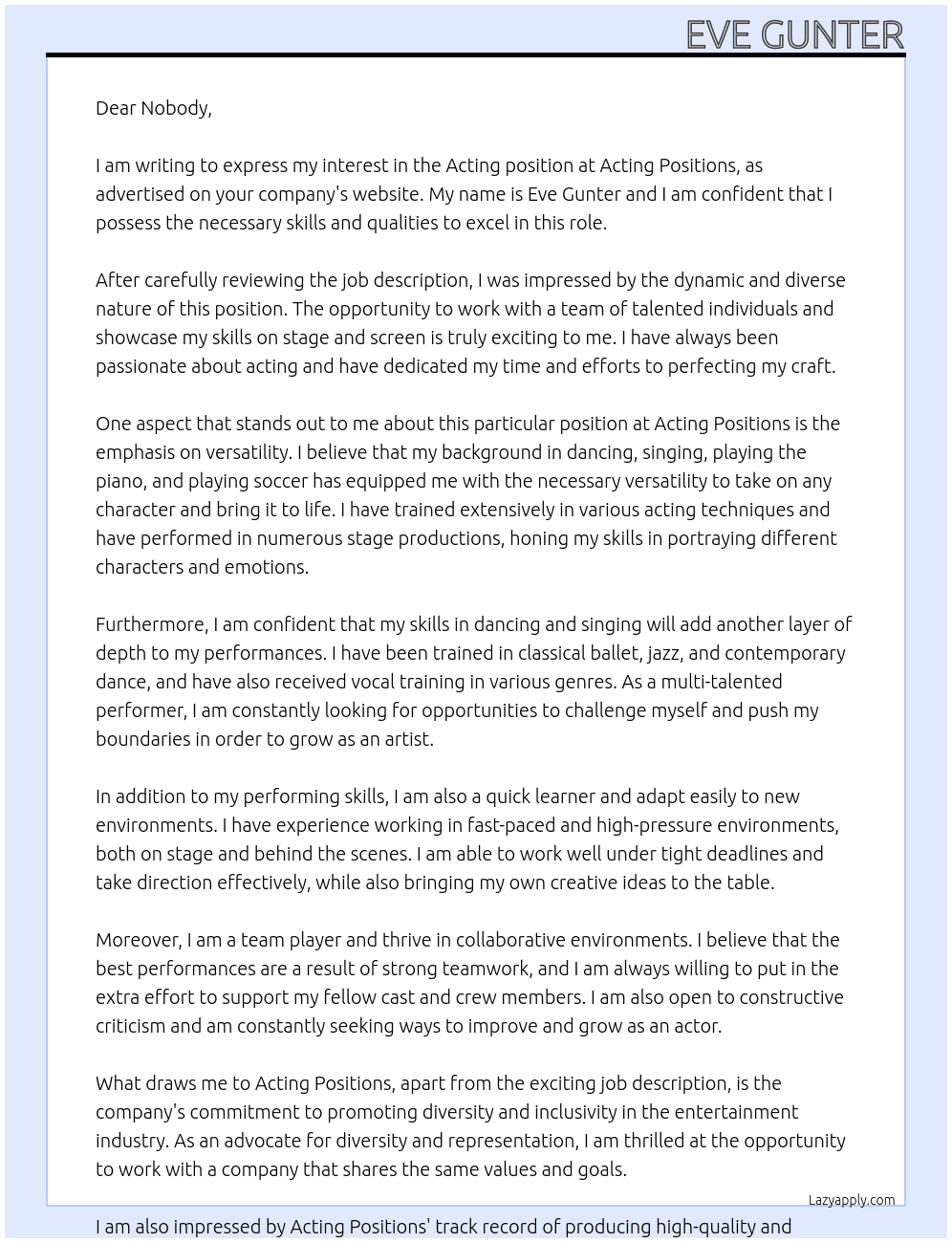 Acting  At Acting Positions Cover Letter
