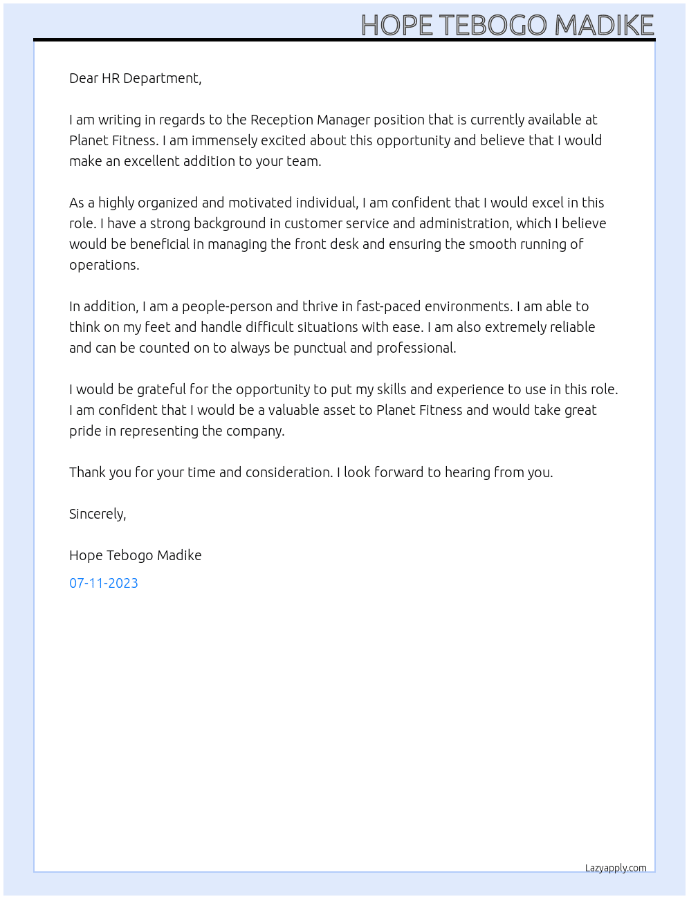 Reception Manager At Planet Fitness Cover Letter