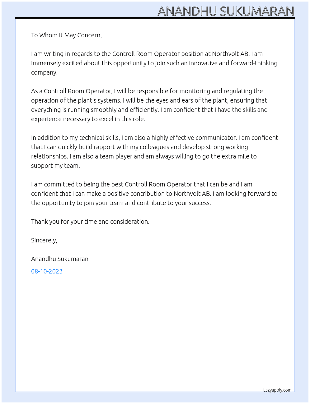 Controll room Operator  At Northvolt AB  Cover Letter