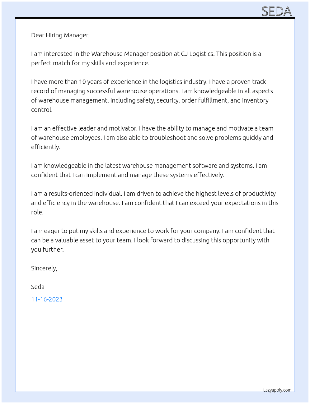Warehouse Manager At CJ Logistics  Cover Letter
