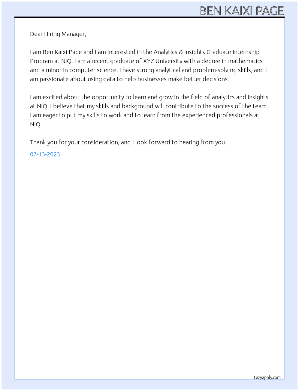 Analytics & Insights Graduate Internship Program At NIQ Cover Letter