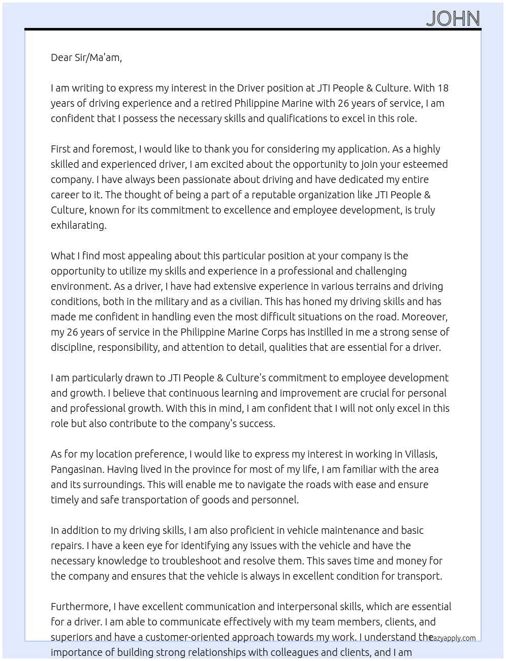 Driver At JTI People & Culture Cover Letter