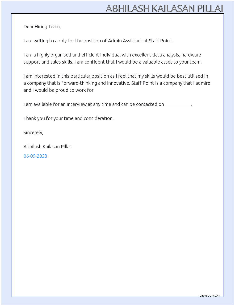 Admin Assistant  At Staff Point Cover Letter