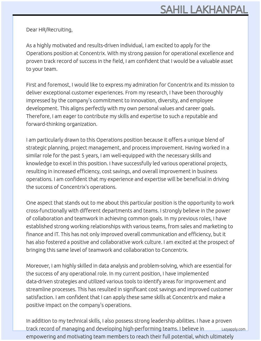 Operations At Concentrix Cover Letter