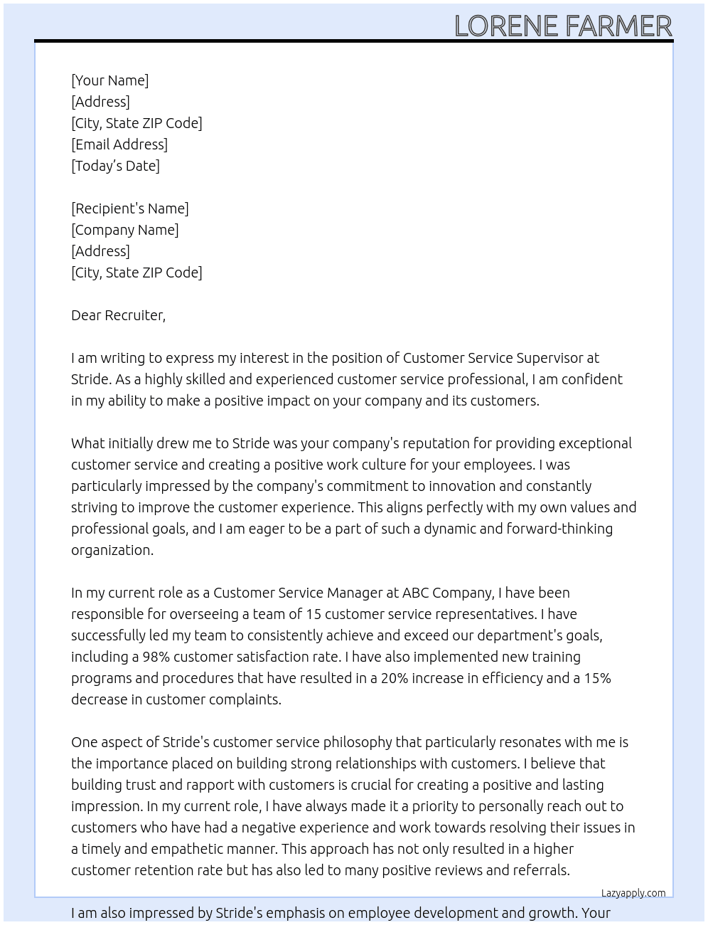 Customer Service Supervisor At Stride Cover Letter
