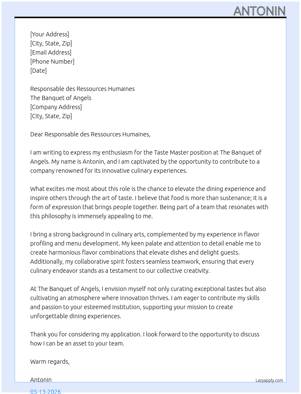 taste master  At  the banquet of angels  Cover Letter