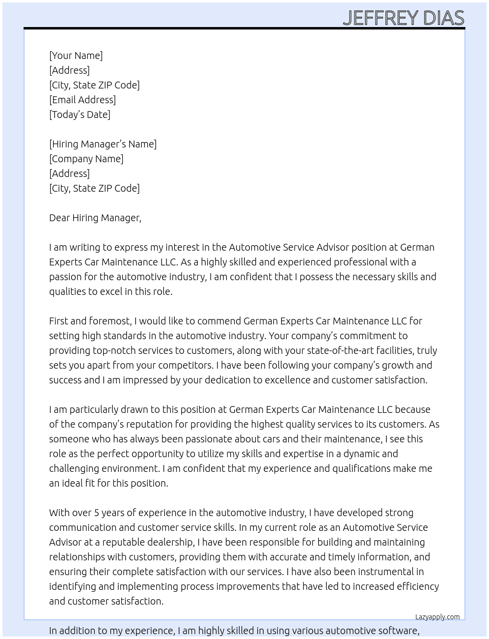 Automotive Service Advisor  At German Experts Car Maintenance LLC Cover Letter