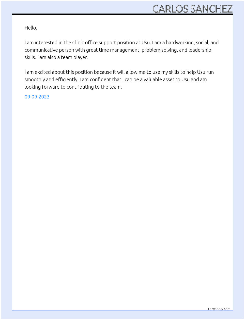 Clinic office support At Usu Cover Letter