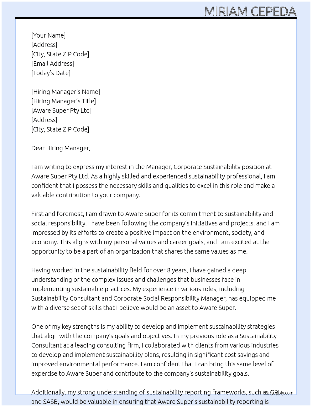 Manager, Corporate Sustainability At Aware Super Pty Ltd Cover Letter