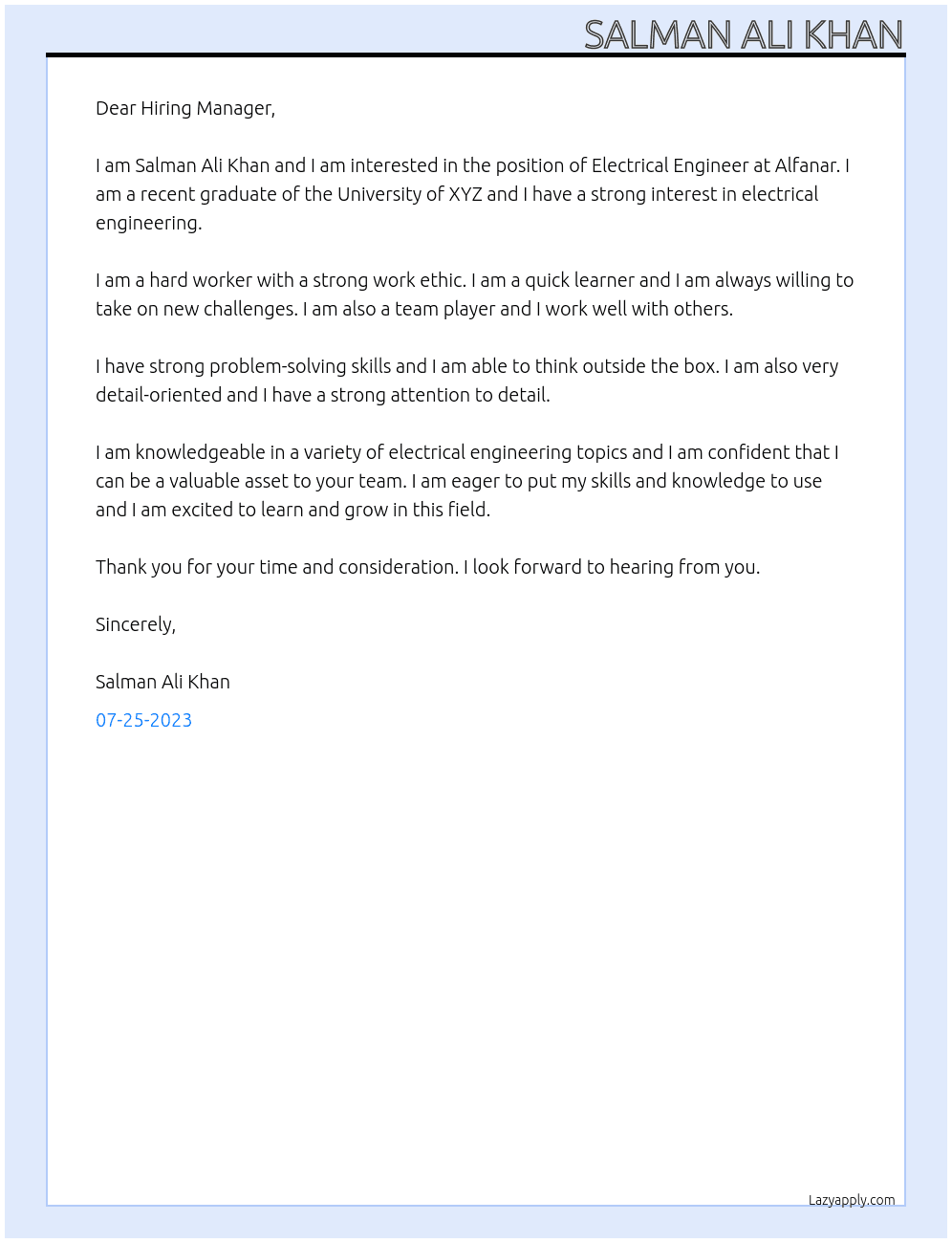 Electrical Engineer  At Alfanar Cover Letter