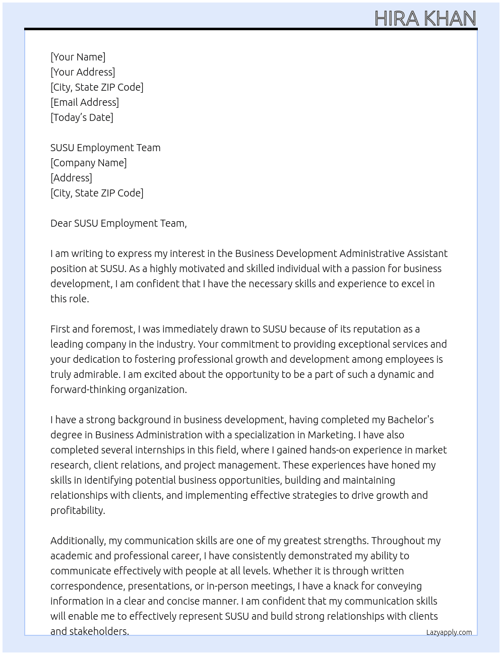 Business Development Administrative Assistant At SUSU Cover Letter