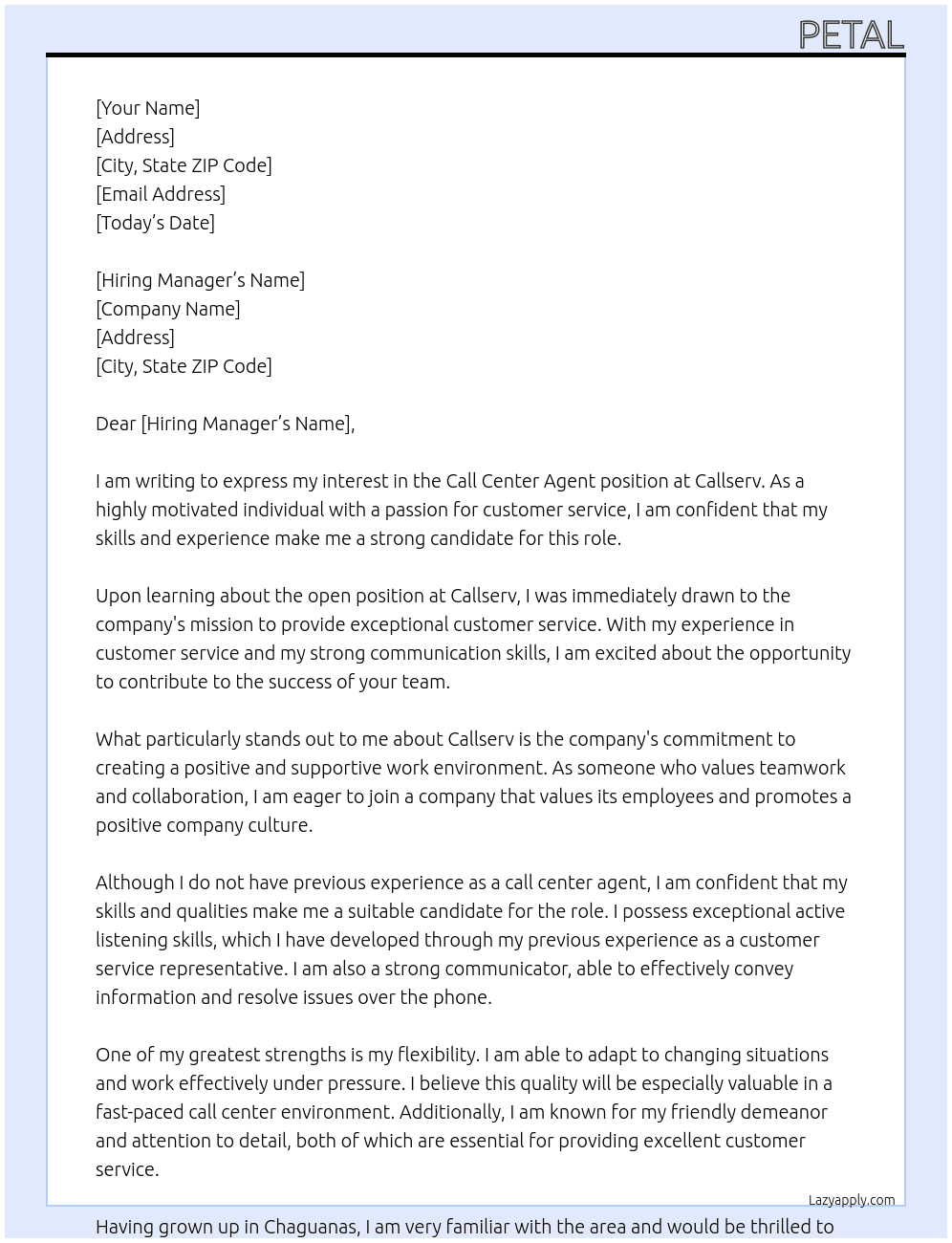 Call center agent At Callserv Cover Letter