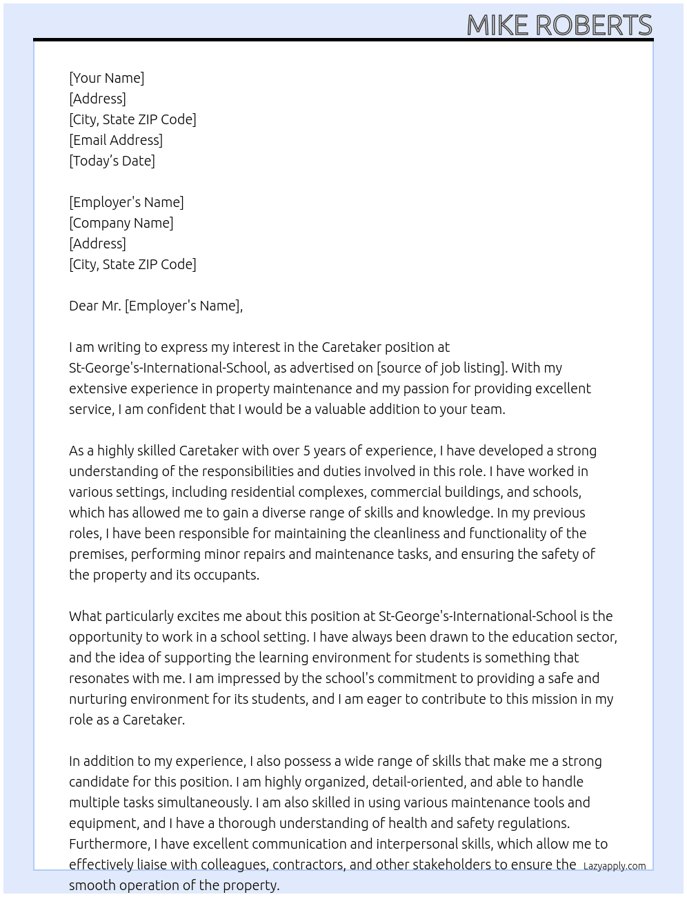 caretaker At St-George's-International-School Cover Letter