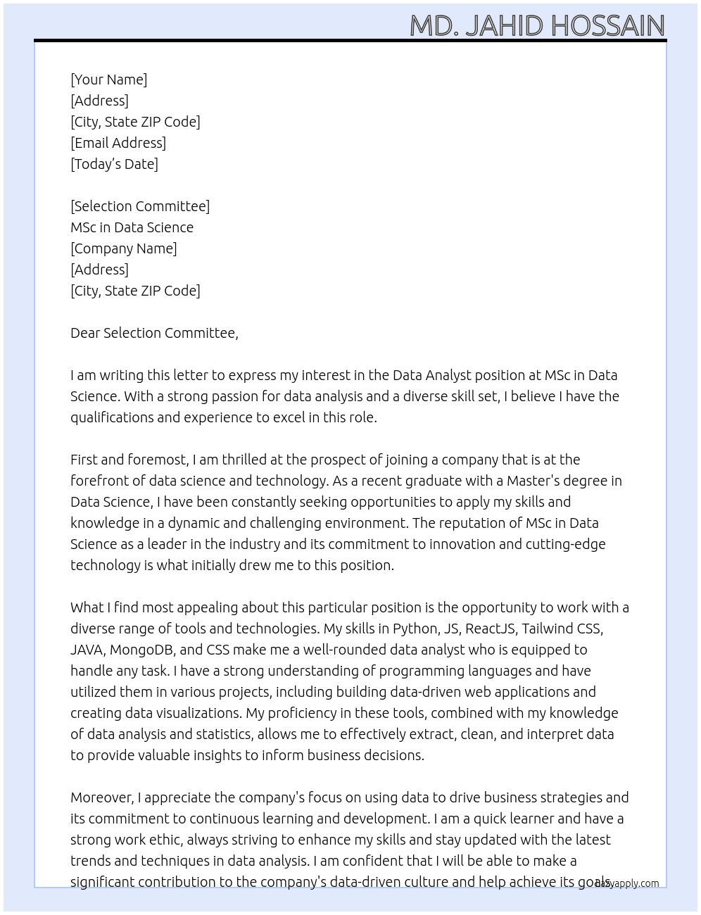 Data Analyst At MSc in Data Science Cover Letter