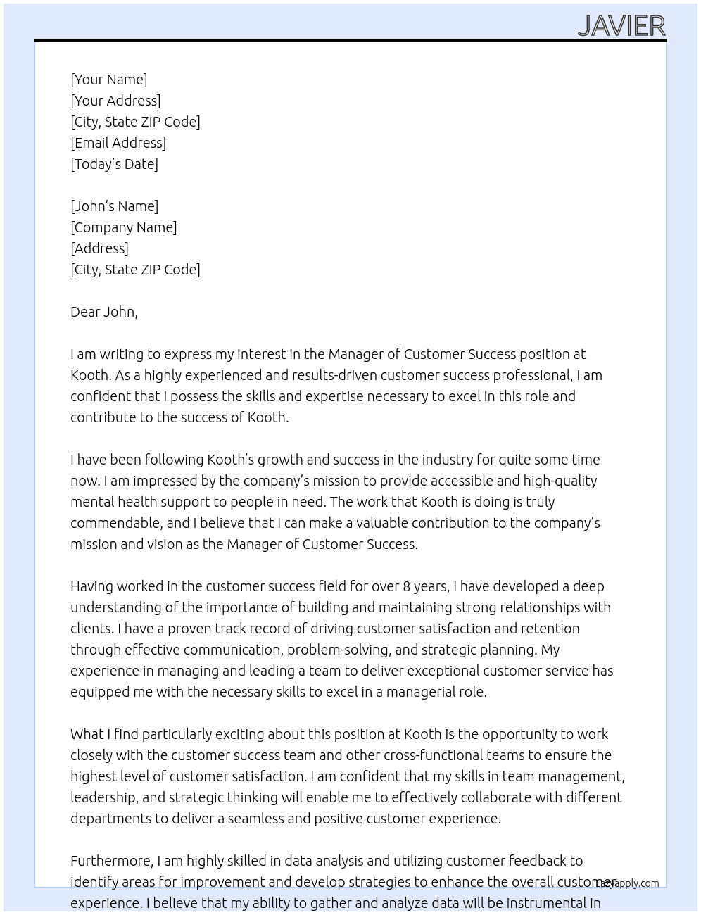 Manager of Customer Success At Kooth Cover Letter