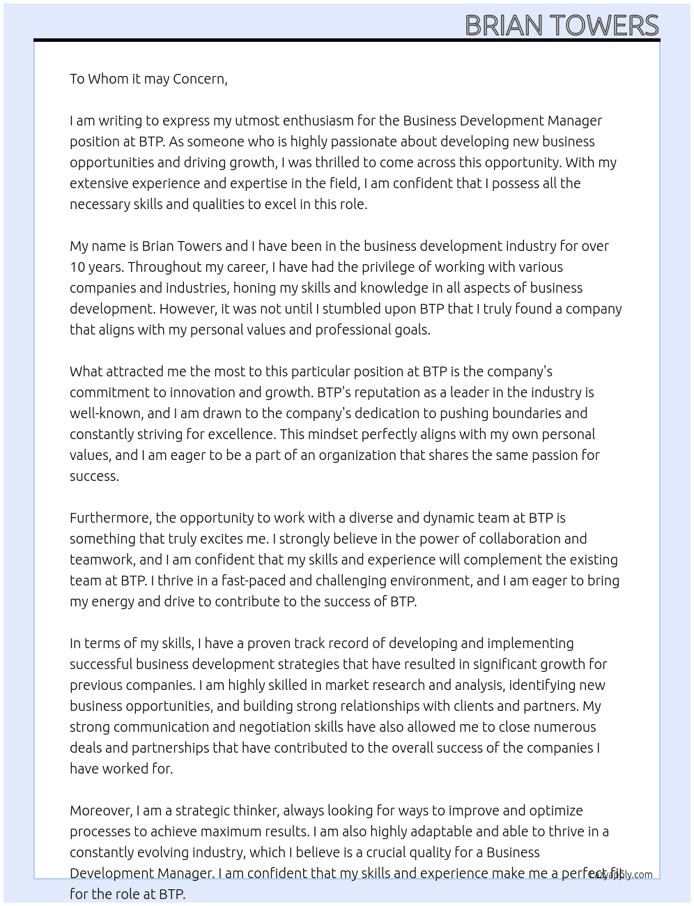 Business Development Manager At BTP Cover Letter