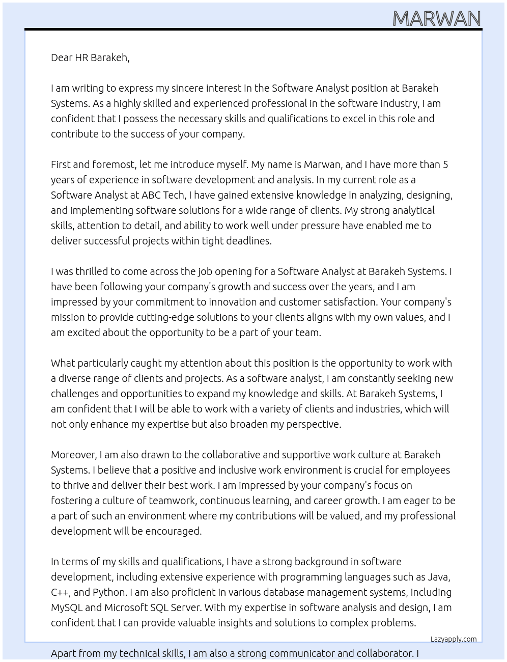 Software analyst  At Barakeh Systems Cover Letter