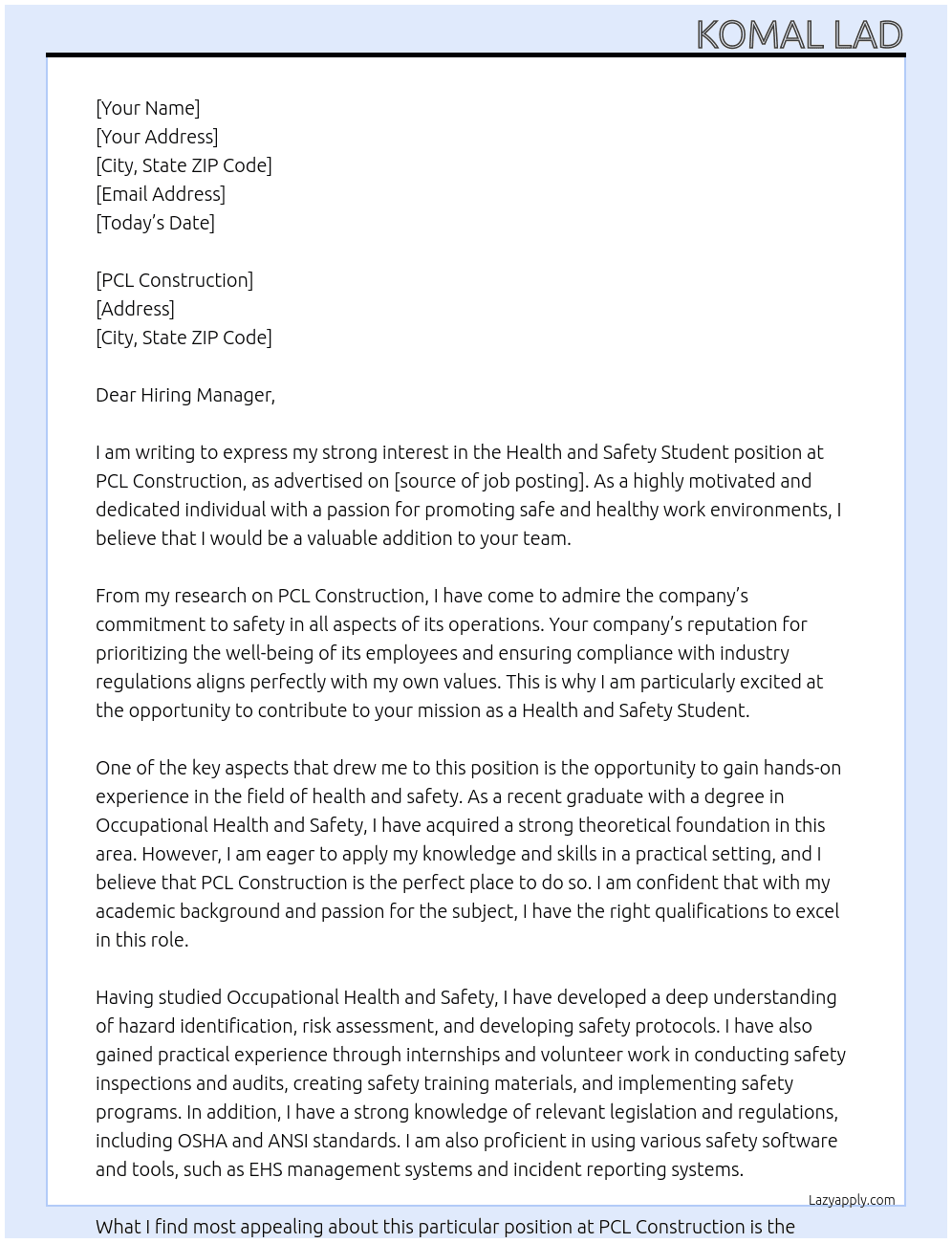 Health and Safety Student  At  PCL Construction Cover Letter