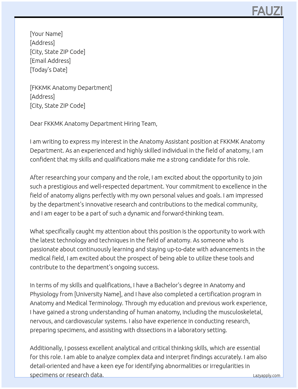 Anatomy Assistant At FKKMK Anatomy Department Cover Letter