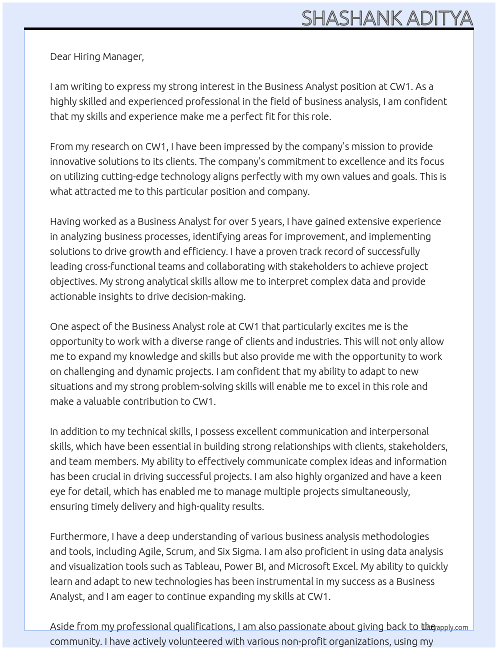 Business Analyst At Cw1 Cover Letter