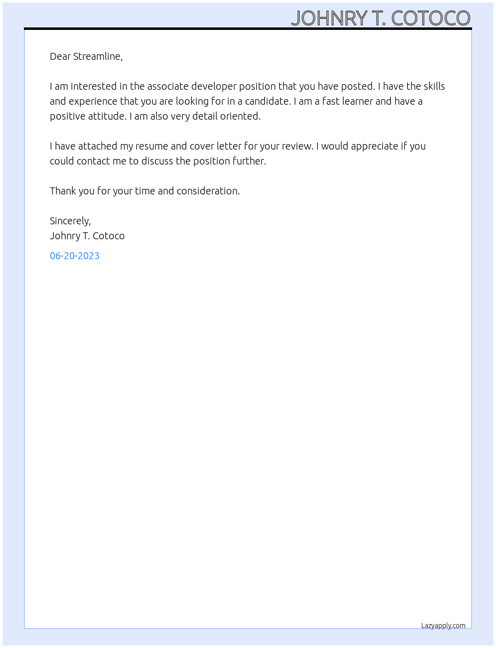 Assiciate Developer At Streamline Cover Letter